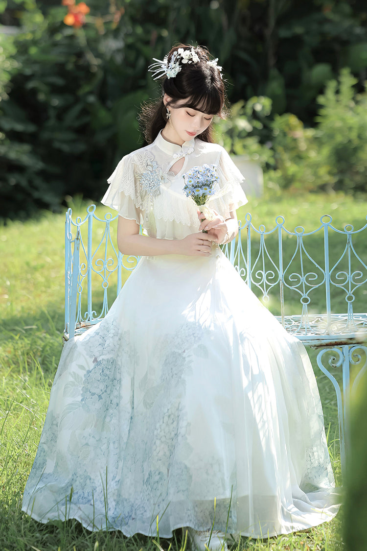 Ivory Print Ruffle Lace Chinese Elegant Dress