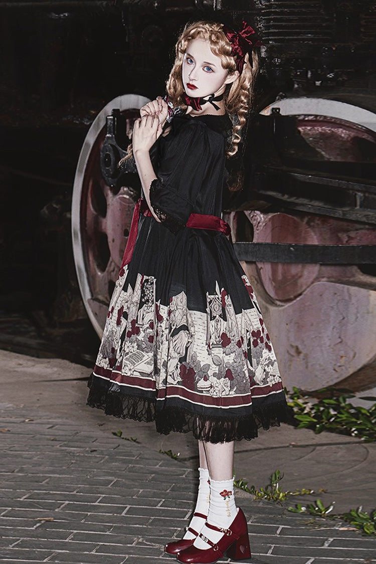 Black Alice of the Asylum Print Bow Lace Gothic Lolita Dress Two Versions