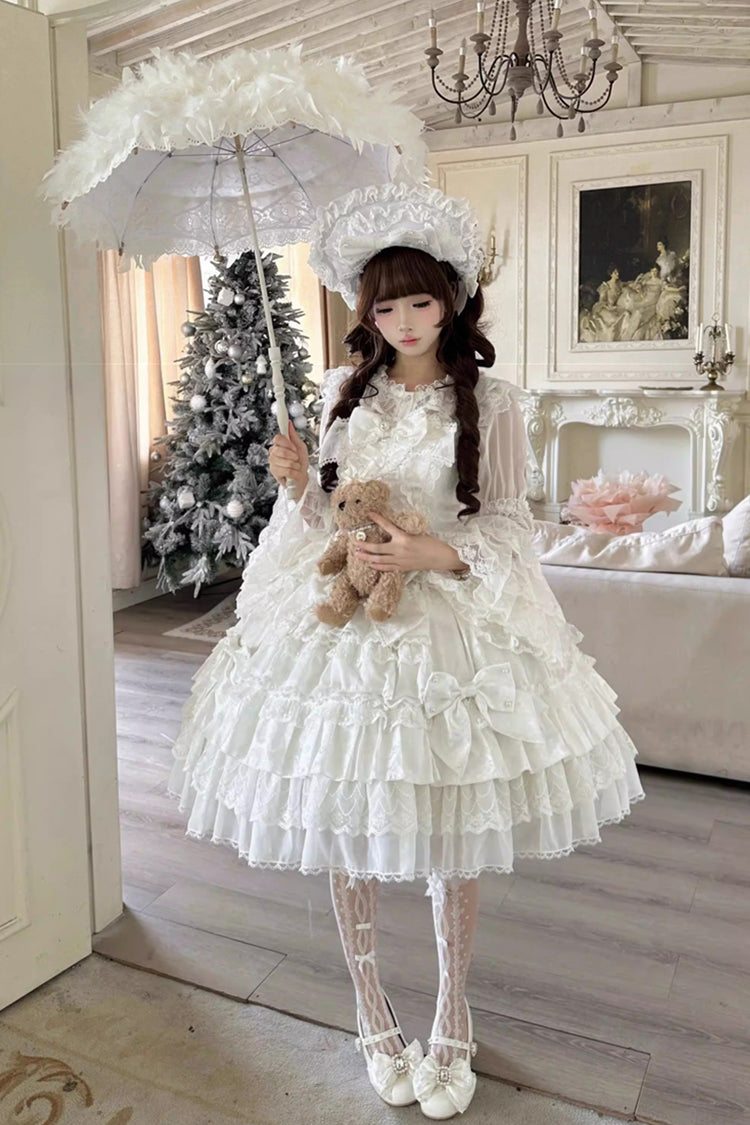 Ivory Casual Lolita Dress with Ruffles and Pearl Veil - Dream-Sinking Pearl Veil