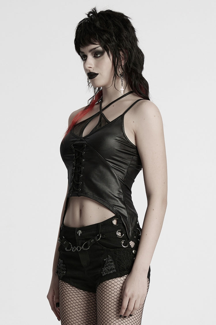 Deep Black Plunging Lace-Up Irregular Sleeveless Halter Punk Top