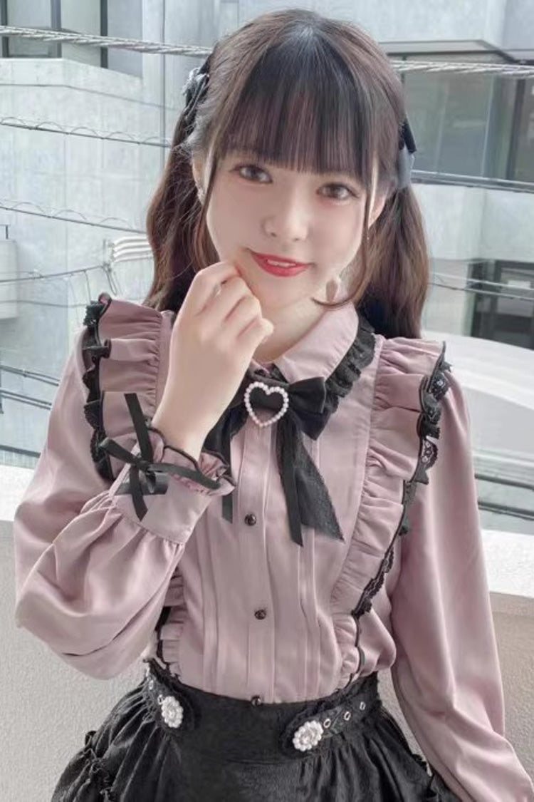 Pink Lace Bowknot Blouse with Doll Collar and Long Sleeves