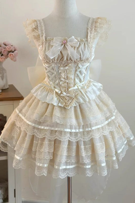 Apricot Double-Layer Lace Ballet Skirt Set with Bow - Girl Love