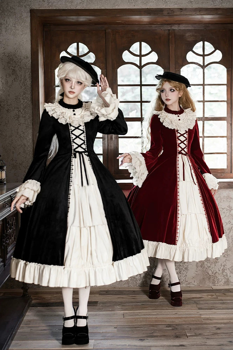Gothic Lolita Dress with Ruffled Open-Front Bow and Lace-Up - Red