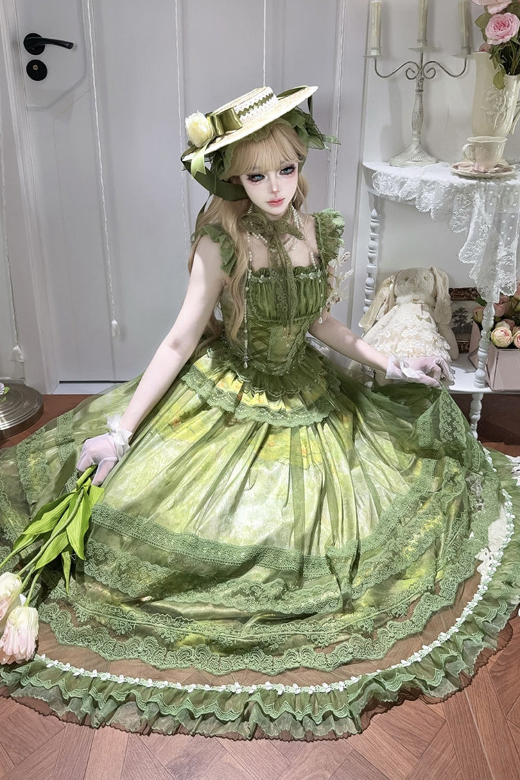 Green Mist-shrouded Vineyard Sleeveless Ruffle Bowknot Lace-Up Sweet Lolita Jsk Skirt Dress Set