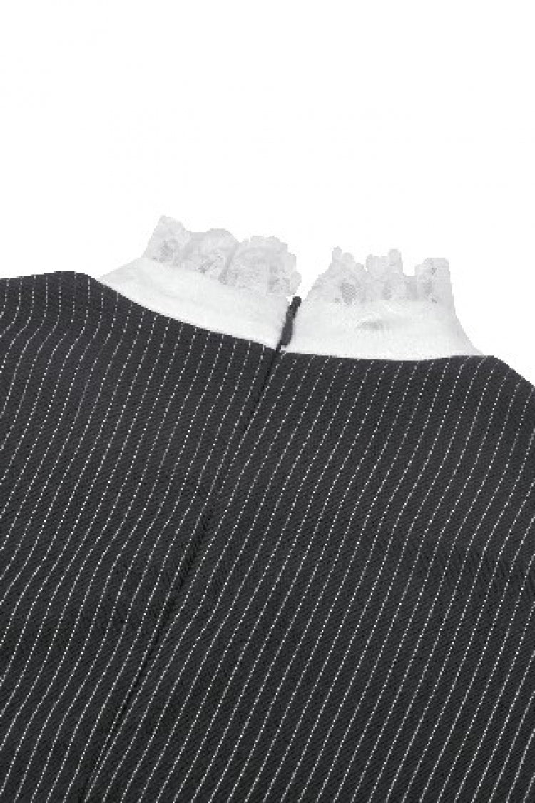 Black/White Striped Lace-Up Gothic Dress with Bow
