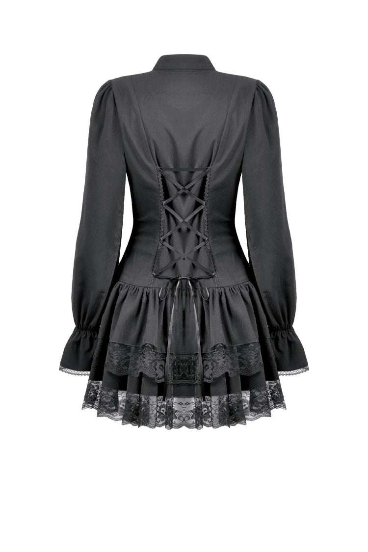 Jet-Black Lace-Up Dress with Bishop Sleeves and Layered Hem