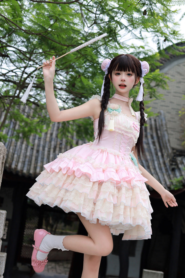 Ancient Poetry Printed Multi-Layer Sweet Lolita Tiered Dress - Chinese Style