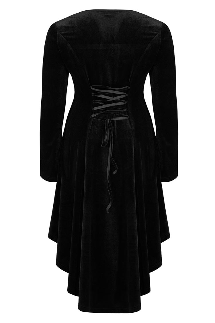 Velvet Fabric Embroidered Jacquard Neckline Irregular Hem Trumpet Sleeve Gothic Dress