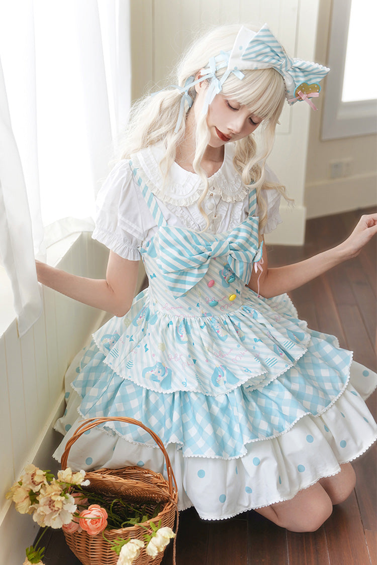 Sleeveless Triple-Layer Print Bow Sweet Lolita Jumper Dress - Blue