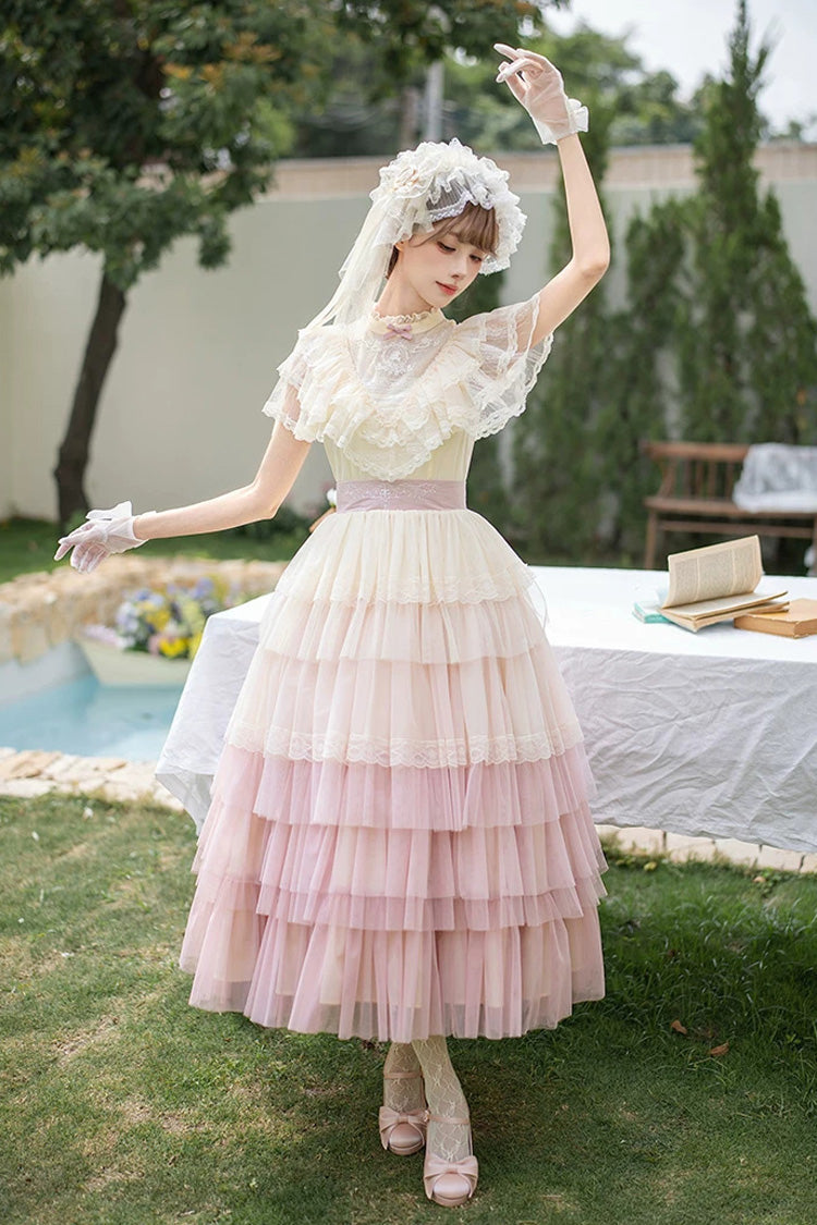Sweet Lolita Dress with Edwardian Collar and Ombre Ruffles - Pink