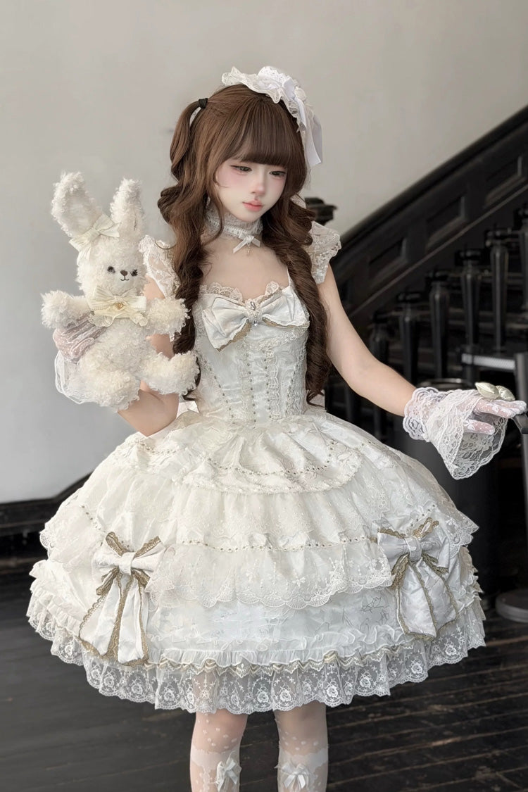 Ivory Sweet JSK with Square Collar and Jacquard Ruffles - Day and Night Duality
