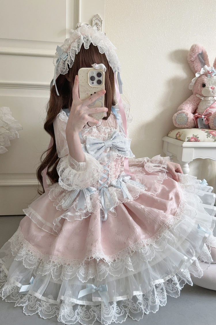 Pink Sweet Ballet Lace Ruffle Sleeveless Bowknot Jsk Dress - Fleishi Island