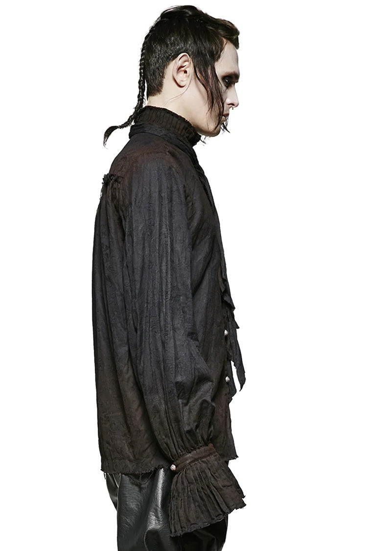 Jet-Black Steampunk Tie Shirt with Lantern Sleeves and Metal Buttons