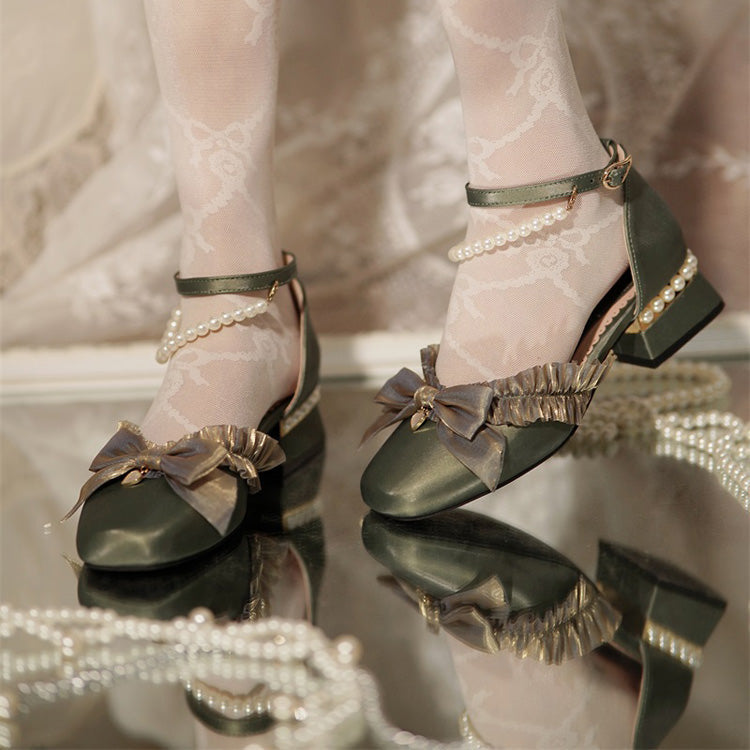 Sweet Lolita Footwear with Bow, Lace, and Pearl Accents in 4 Colors