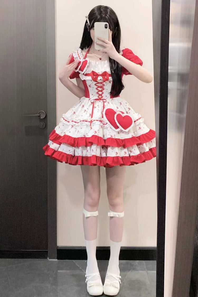 Red Double-Layered Floral Print Ruffled Bowknot Sweet Dress