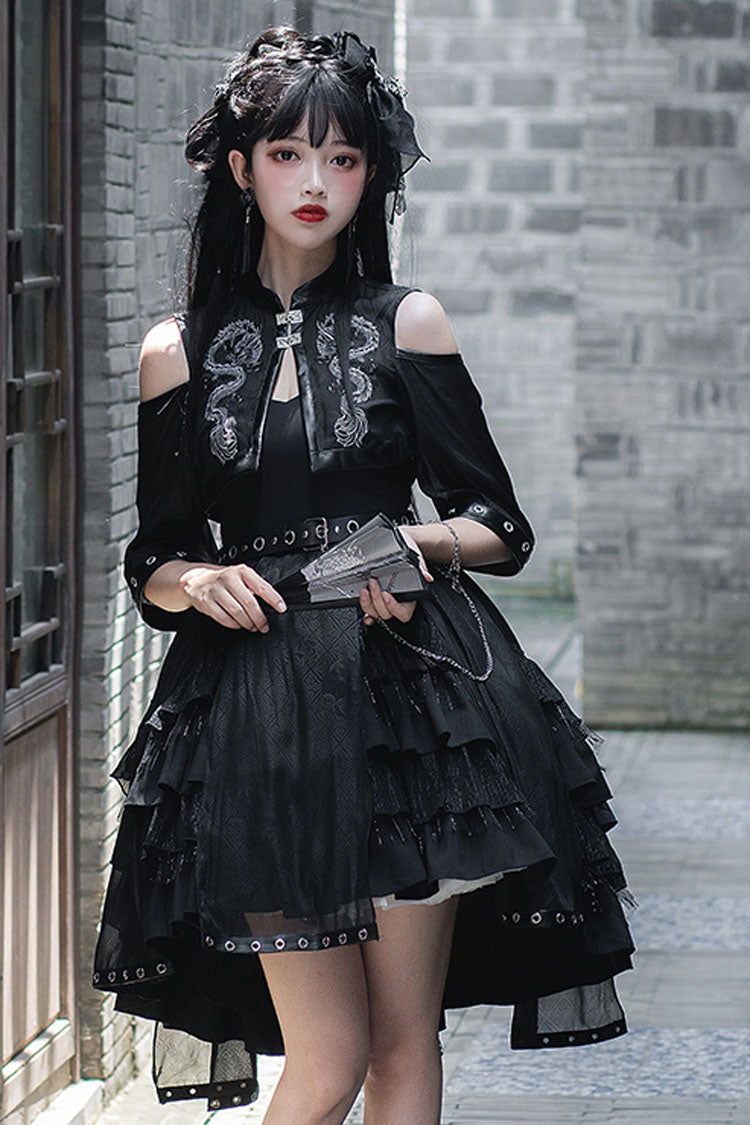 Navy Dragon Print Boatneck Chinese High-Waist Multi-Layer Ruffled Gothic Lolita JSK