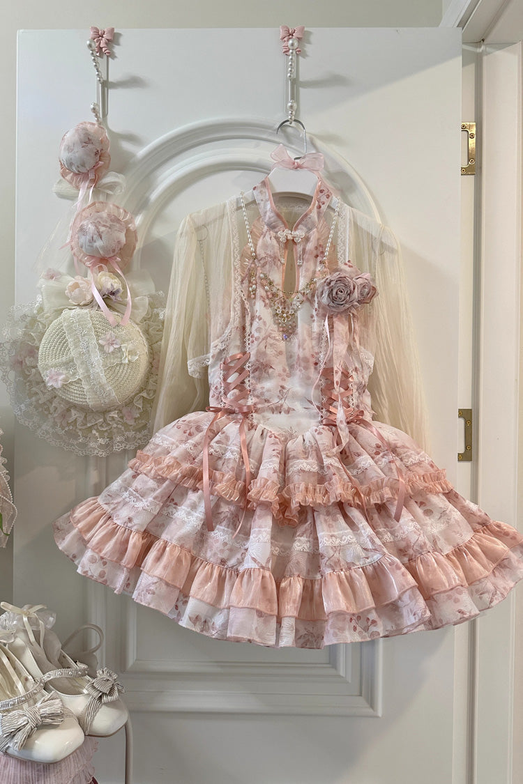 Rose Moon Bamboo Halter Multi-Tier Printed Frill Sweet Chinese Lolita Gown in Two Tones