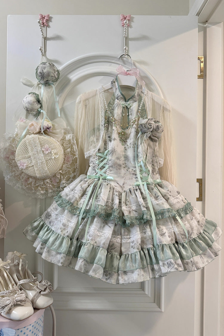Rose Moon Bamboo Halter Multi-Tier Printed Frill Sweet Chinese Lolita Gown in Two Tones
