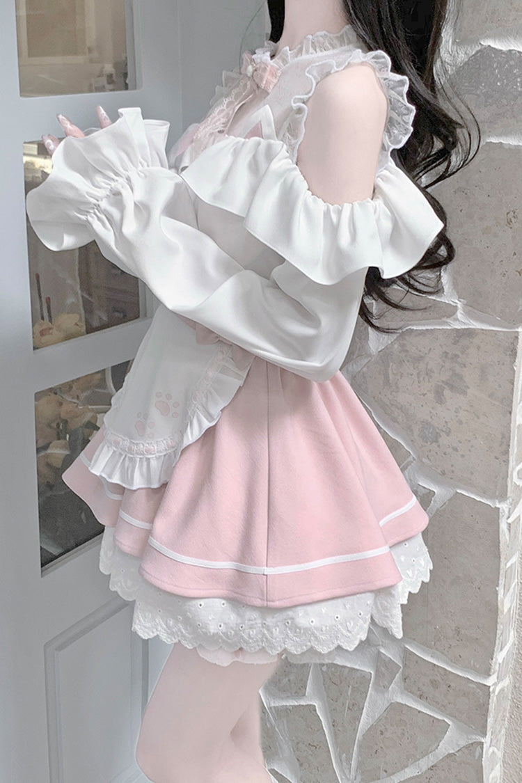 Pale Pink & White Off-Shoulder Long-Sleeve Ruffled Bow Lace Jirai Kei Skirt