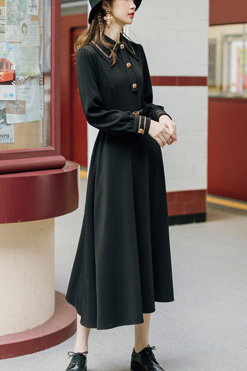Navy Vintage Lapel Collar High-Waisted Long-Sleeve Classic Lolita Dress