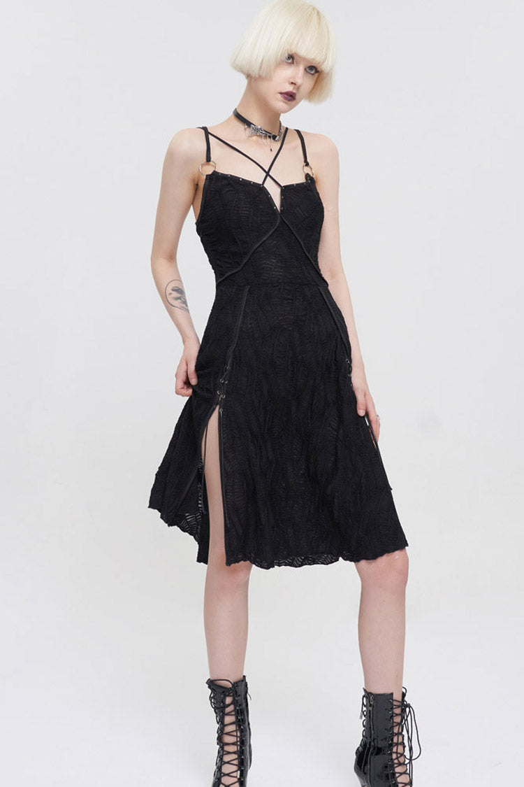Suspenders Slit Hem Wave Stretch Fabric Punk Dress