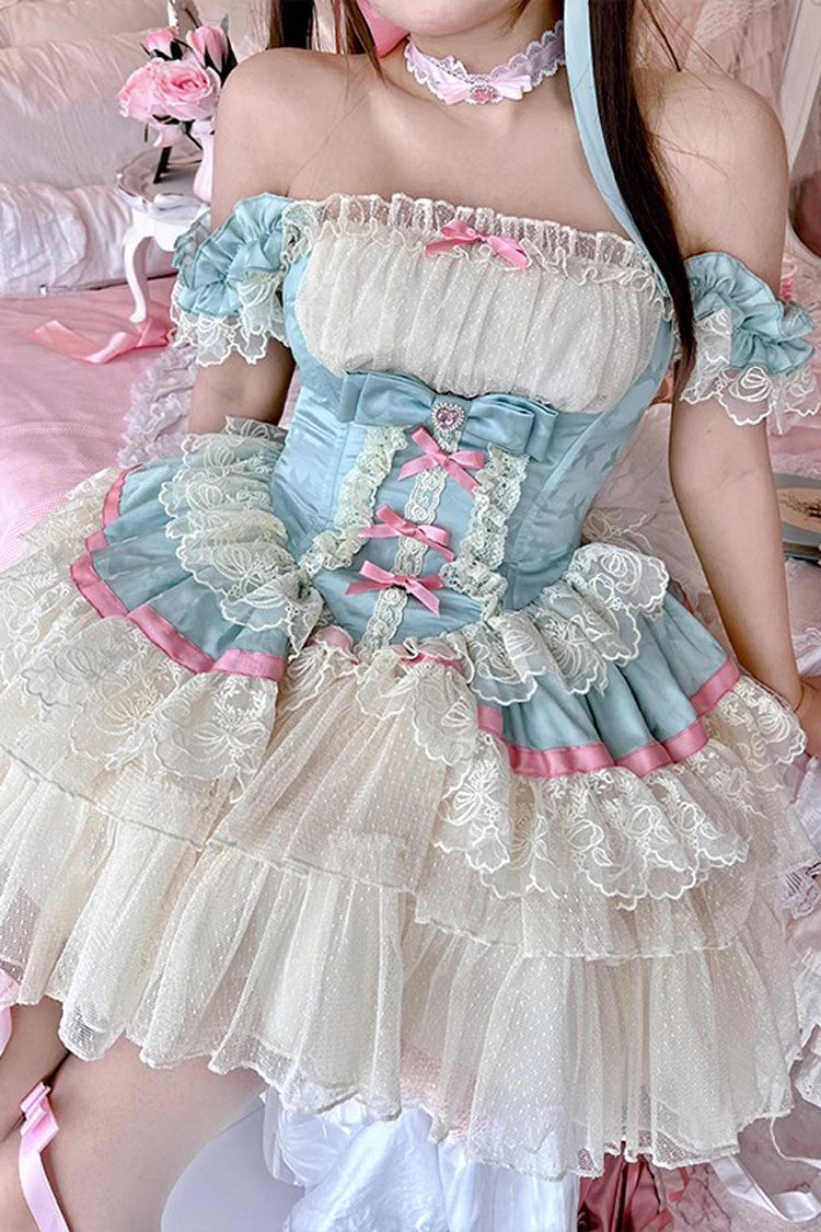 Cerulean and Ivory Triple Ruffled Bow Lace Ballet Sweet Lolita Dress - Girly Scent Edition