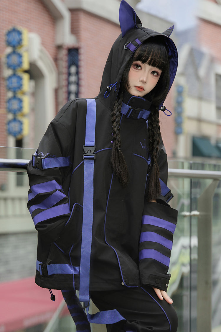 Blue/Black Long Sleeve Print Cat Ears Hooded Jirai Kei Handsome Jacket
