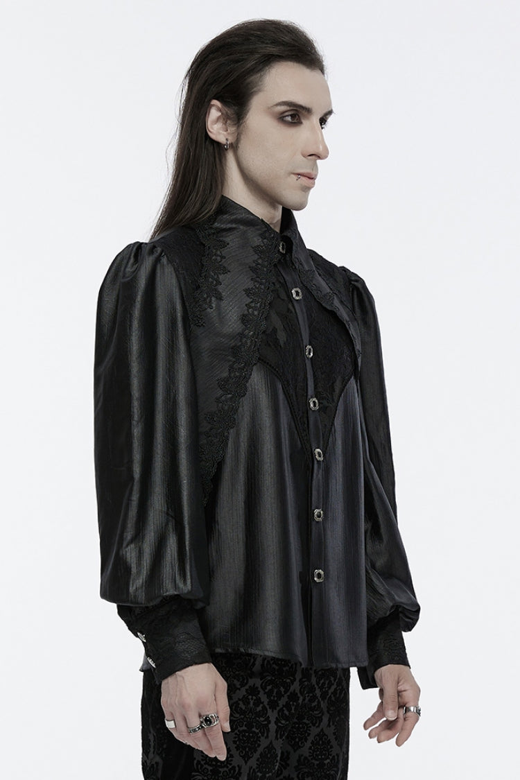 Jet-Black Gothic Shirt with Puffed Sleeves and Lace Panels for Men