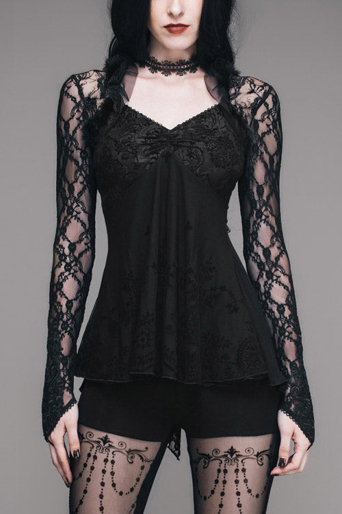 Gothic Mesh Tee with Rose Lace Trim and V-Neck