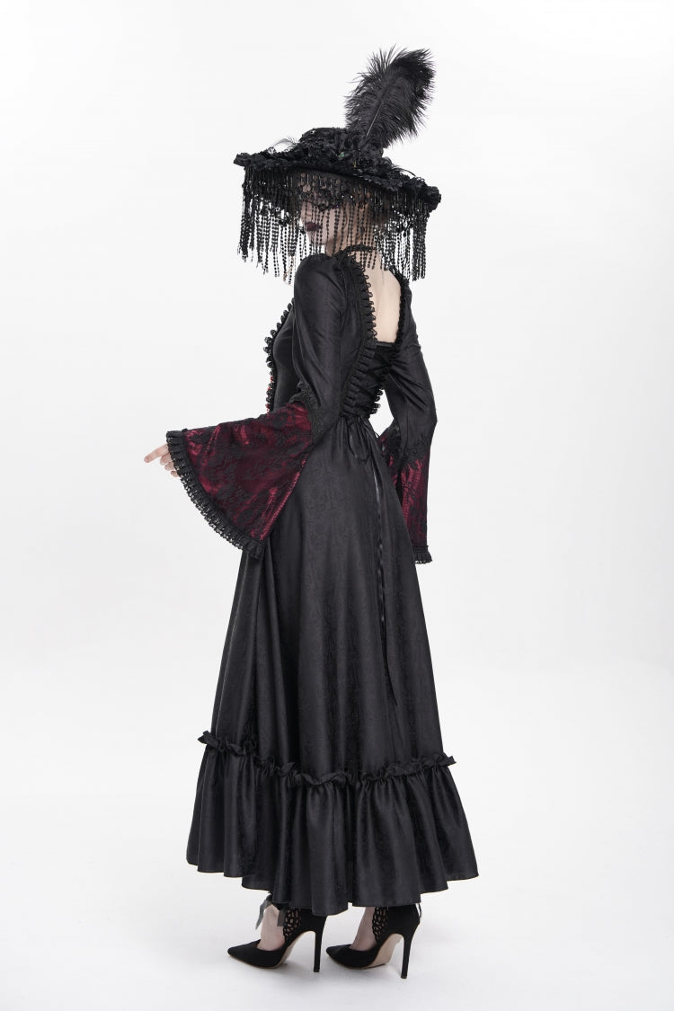Scarlet Embroidered Lace-Up Pleated Gothic Dress