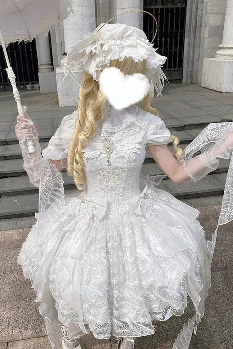 Ivory Square Collar Flutter Sleeve Embroidered Bow Lace JSK