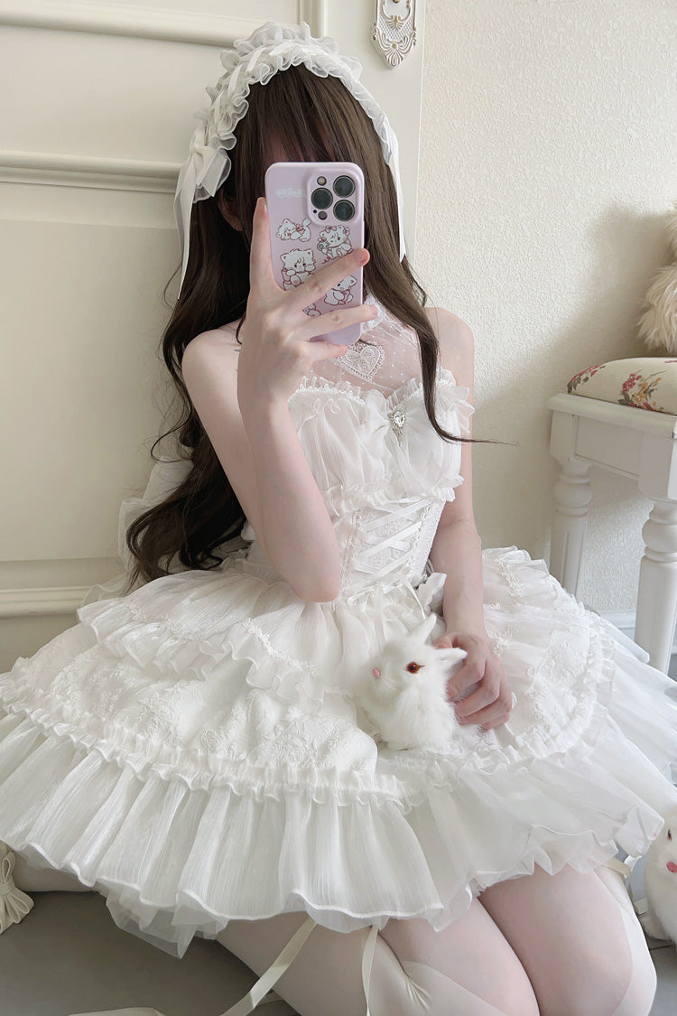 White Sweet Lolita JSK Halterneck Triple Layered Bowknot Lace