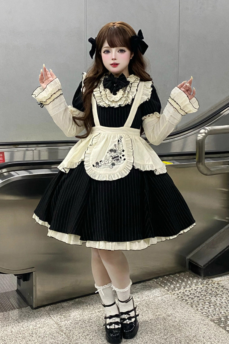 Stripe Print Ruffle Bowknot Sweet Plus Size Maid Black Short Sleeves Dress