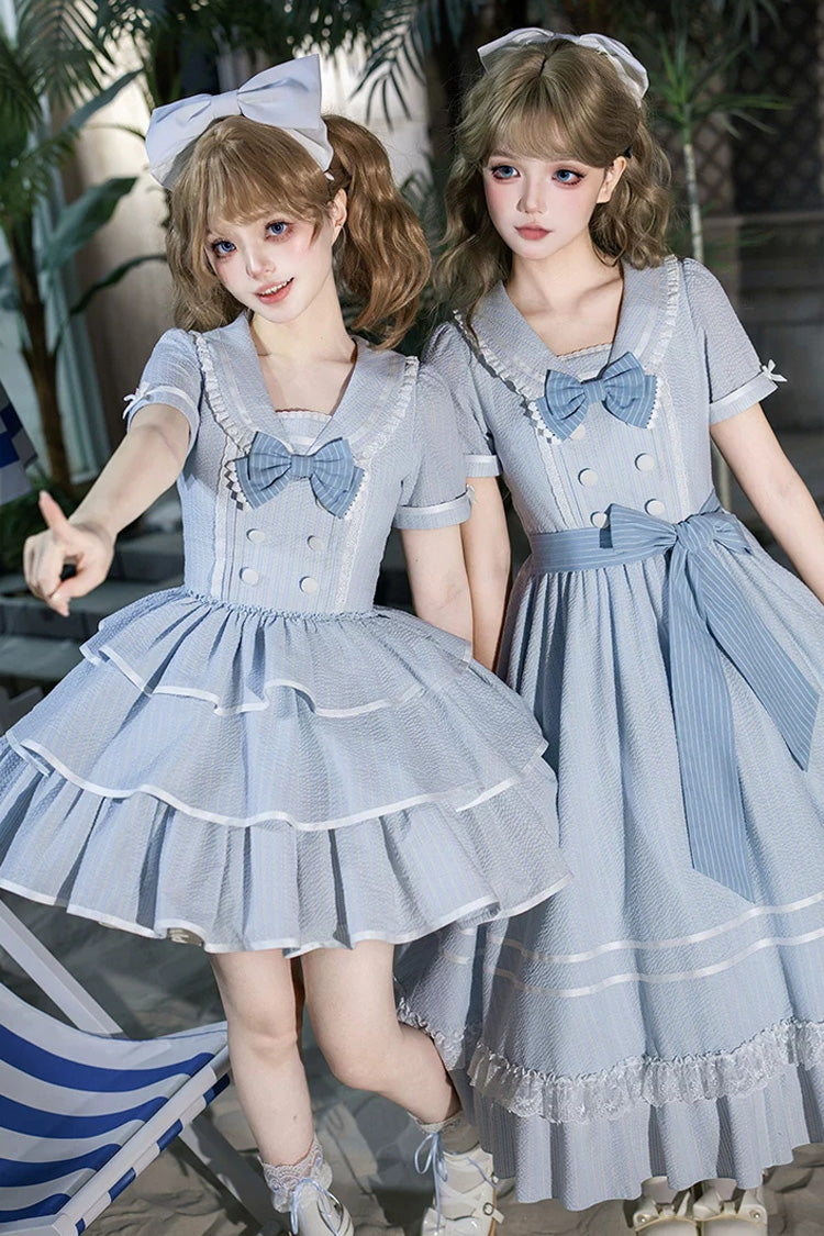 Sweet Lolita Dress with Printed Ruffled Bow and Navy Collar - Blue