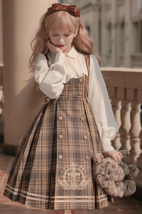 Detective-Inspired Double-Breasted Embroidered Plaid Sweet OP Gown