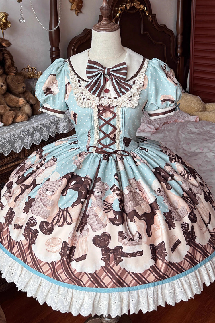 Brown Chocolate Cake Bear Print Ruffled Bow Lace-Up Sweet Dress - Peppermint Chocolate
