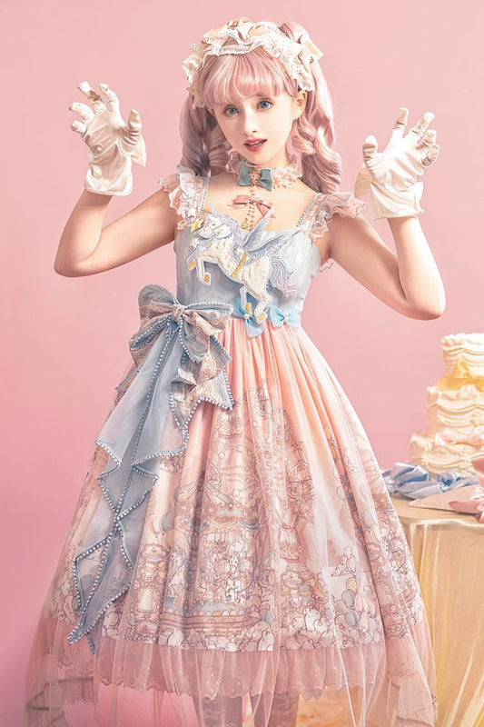 Cloud Paradise Print Ruffle Embroidery Bow Lace Sweet JSK Dress in Pink