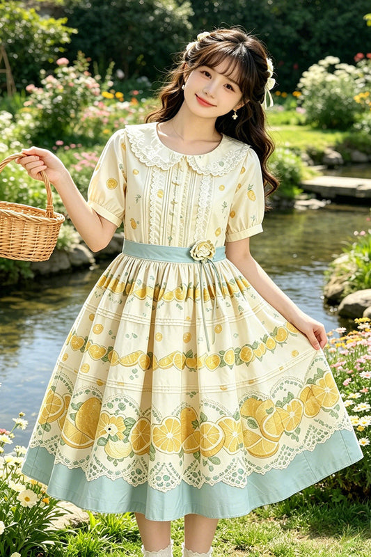 Doll Collar Short Sleeve Lemon Printed Plus Size Sweet Lolita Dress