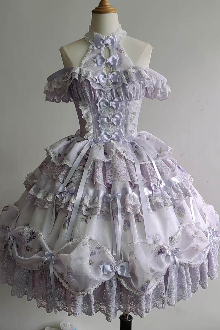 Purple Halterneck Sleeveless Printed Embroidered Bow Sweet Lolita Jsk Dress