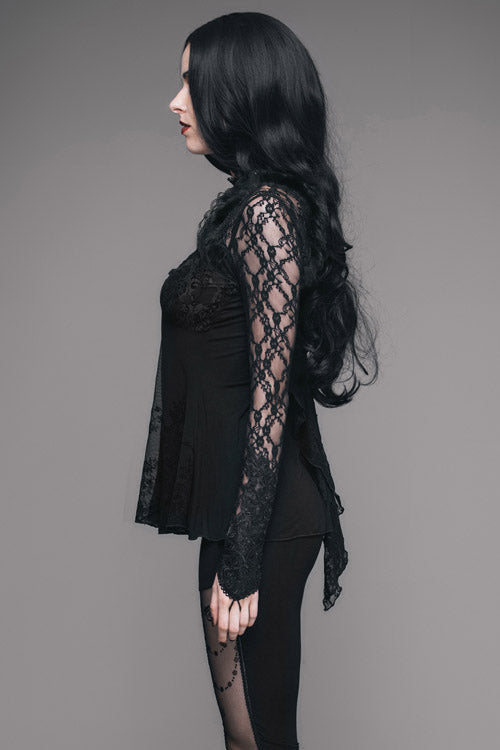 Gothic Mesh Tee with Rose Lace Trim and V-Neck
