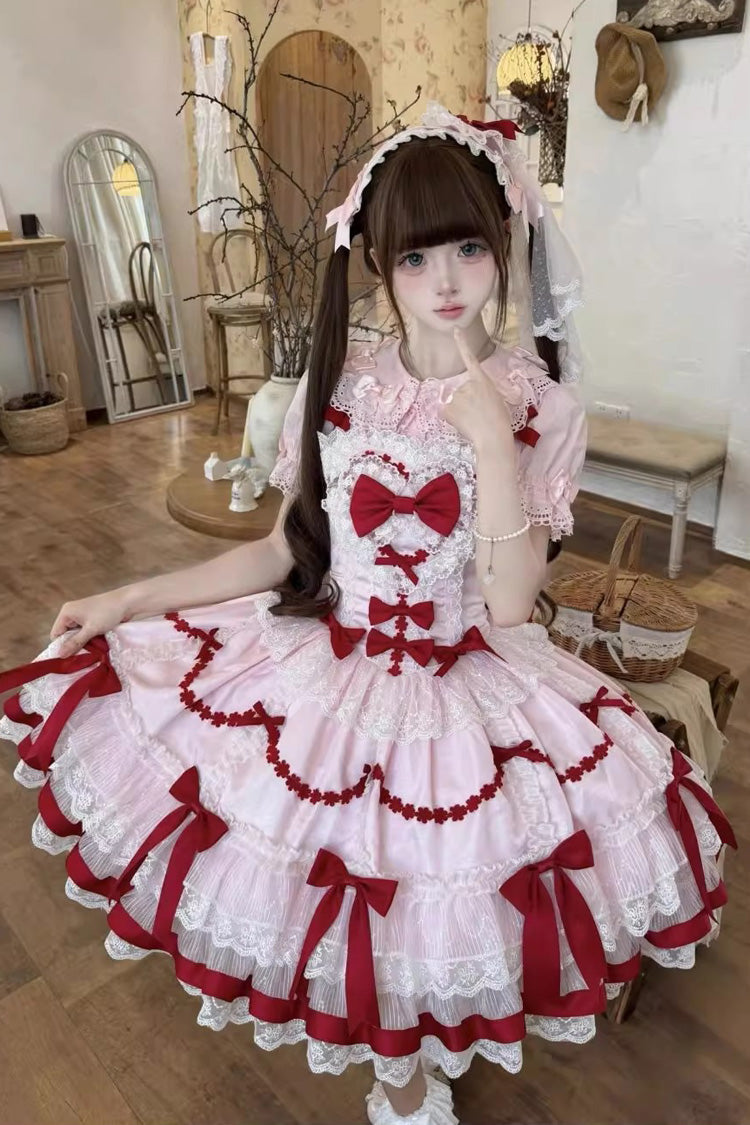 Red Pink Scarlet Heart Cocoa Sleeveless Triple-Layered Ruffle Embroidery Lace Sweet Lolita Jsk Dress