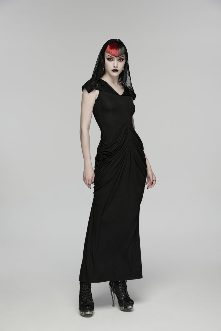 V Collar Short Puff Sleeves Cut-Out Lace Pleated Gothic Wedding Dress