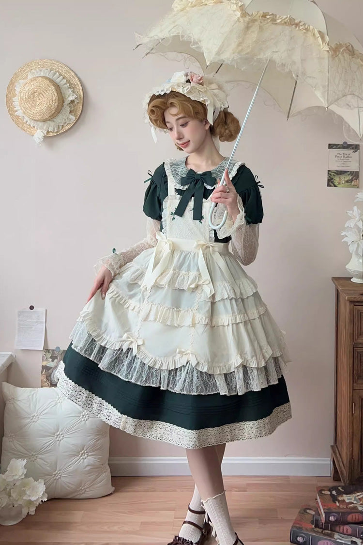 Lapel Collar Long Sleeve Embroidery Bow Lace Sweet Lolita Dress - Green