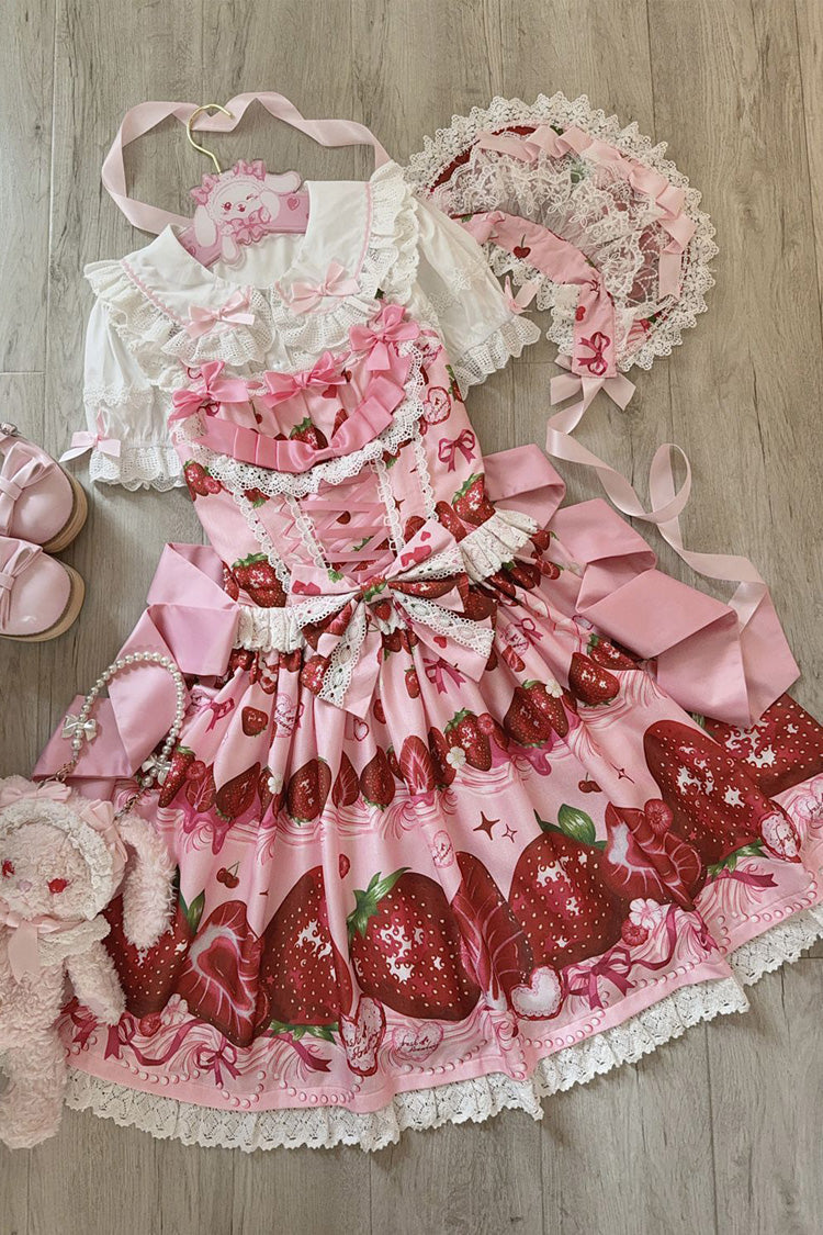 Strawberry Print Ruffled Bow Lace Sweet Lolita JSK