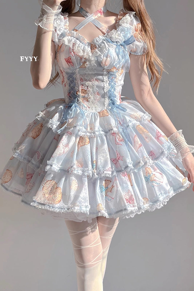 Azure Cookie-Bunny Print Sweet Dress with Multi-Layer Ruffles