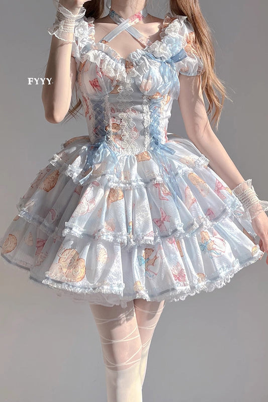 Azure Cookie-Bunny Print Sweet Dress with Multi-Layer Ruffles