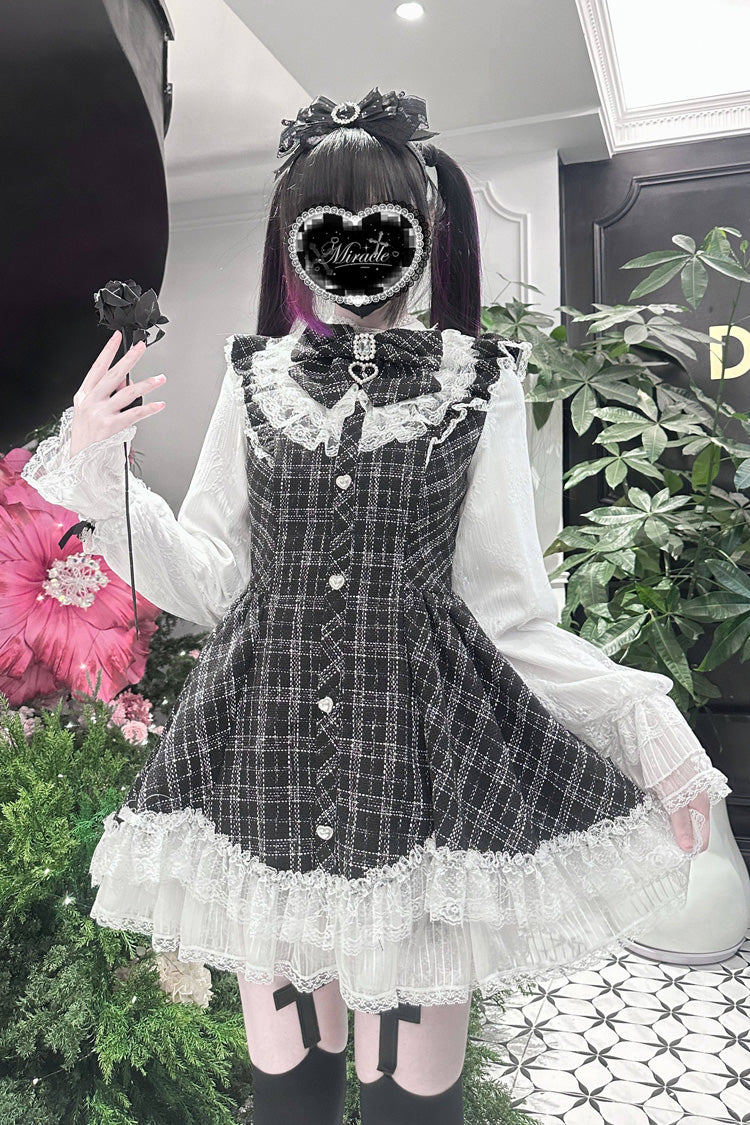 Black Plaid Print Ruffle Bow Lace Sweet Jirai Kei Dress with Shorts