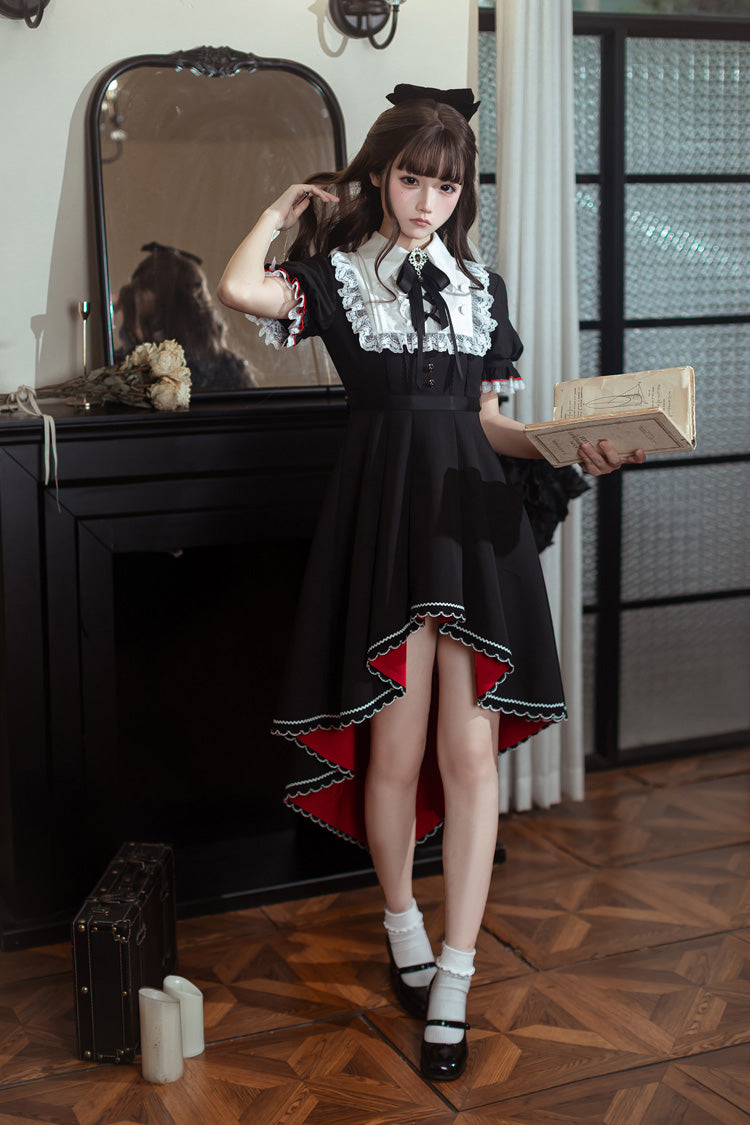 Rosalind Lapel Collar Short-Sleeve Bow Lace Gothic Maid Lolita Dress