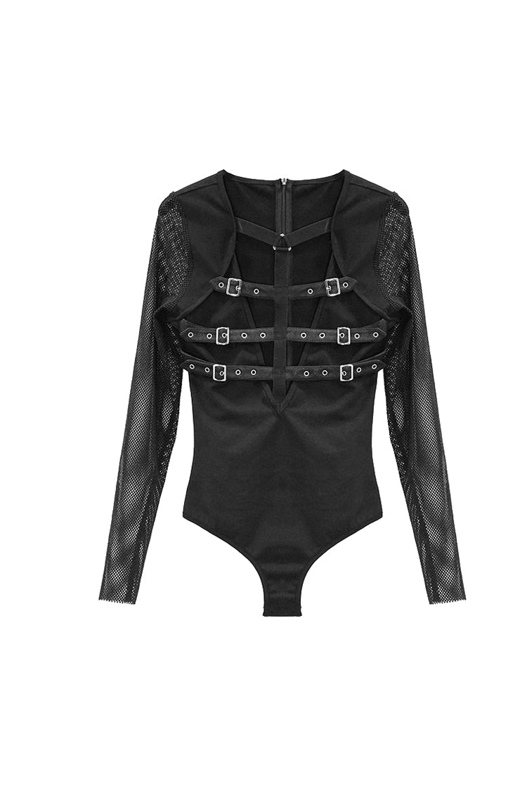 Punk T-Shirt with Leather Loops Mesh Sleeve Connecting Crotch