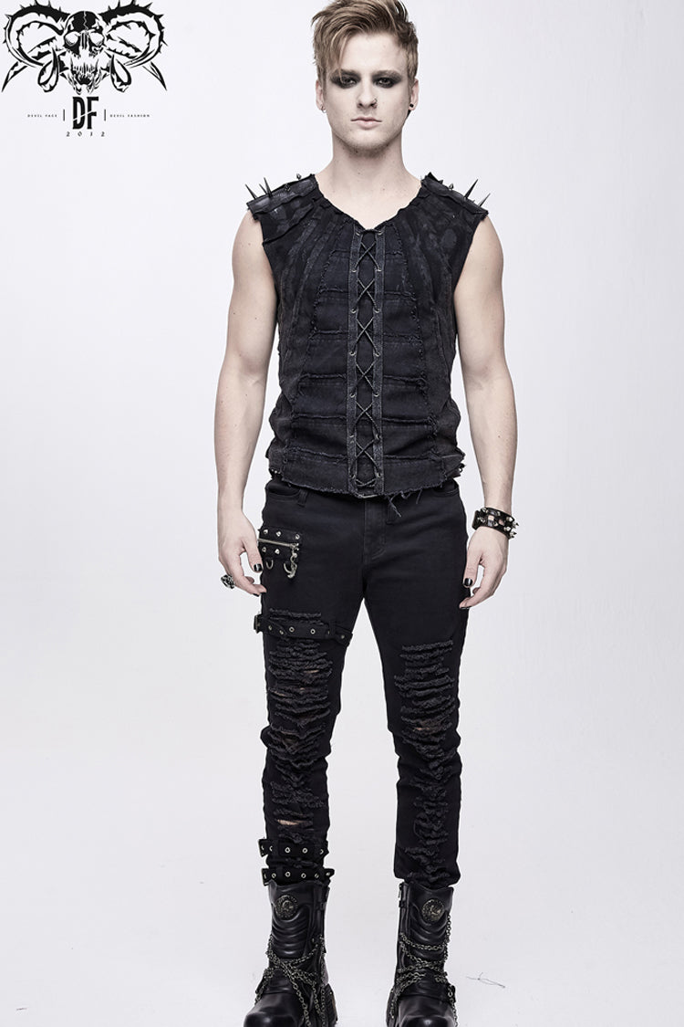 Patchwork Unedged Leather Long Nail Punk Vest